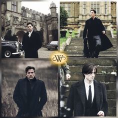 a collage of men in suits and ties walking up steps to an old building