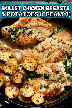 This dish is so easy, you're going to love this simple dinner! Simple seared chicken breasts and potatoes in a creamy, Boursin cheese sauce! Creamy Chicken And Potatoes, Boursin Cheese Sauce, Skillet Creamy Chicken, Boursin Chicken, Chicken Breast Oven, Seared Chicken Breast, Chicken And Potatoes, Boursin Cheese