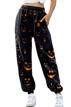 Black Halloween Jack-o-lantern Print Sweatpants Baggy Fall Sweatpants, Casual Black Pants For Halloween, Black Halloween Loungewear Pants, Pjs Pants, Halloween Pjs, Pants Comfy, Sporty Pants, Printed Sweatpants, Halloween Jack O Lanterns