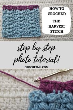 two crocheted squares with the text, how to crochet the harvest stitch video