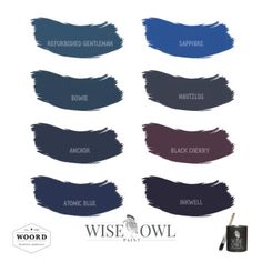 the different shades of blue and black paint on a white background with words that read wise owl