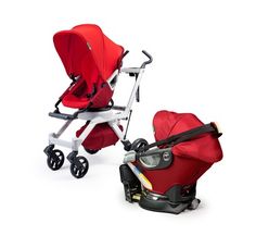 a baby stroller and car seat are shown in this image, both have red covers on them