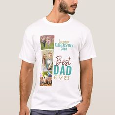 a man wearing a white t - shirt with pictures of people on it and the words best dad ever