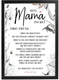 the best mama poem in black and white with birds flying around it, on a white background