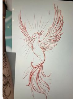 a drawing of a bird with red ink on it's wings and back legs