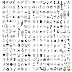 a large collection of different tattoo designs and symbols, all in black on a white background