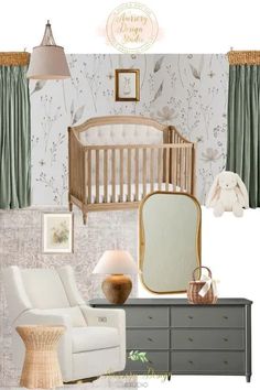 a baby's room with a crib, chair and dresser in it is shown