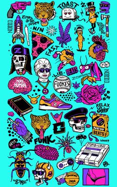 an image of various stickers on a blue background with pink and purple colors, including skulls