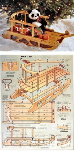 an old fashioned wooden sleigh with panda in it and instructions on how to build the sled