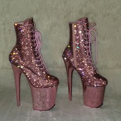 Stunning 8" (200mm) Heel, 4" (100mm) Platform Lace-Up Front Ankle Boot Featuring Allover Blanketed Rhinestone Embellishments On Upper Chrome Plated Platform Bottom Inside Zip Closure As With The Delicate Nature Of These Boots There Maybe Slight Flaws Nothing Major. Drag Heels, Pleaser Boots, Cool High Heels, Pink Platform Heels, Flamingo Color, Pink Cowgirl Boots, Pleaser Heels, Leopard Print Boots, Dance Heels