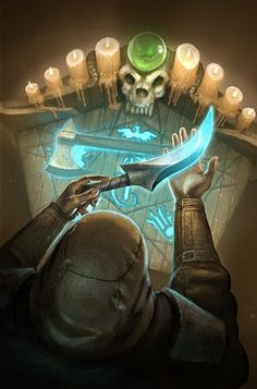 a man holding a knife in front of a skull with candles on it's head