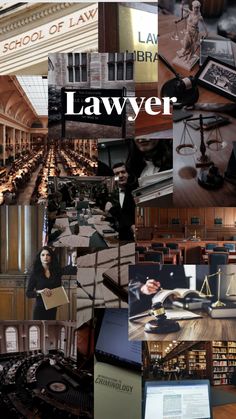 a collage of law related images including books, papers, and other things in the background