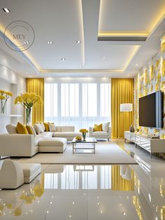 a modern living room with yellow accents and white couches, coffee table, television on the wall