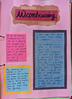 a pink notebook with writing on it and sticky notes attached to the pages that are taped together