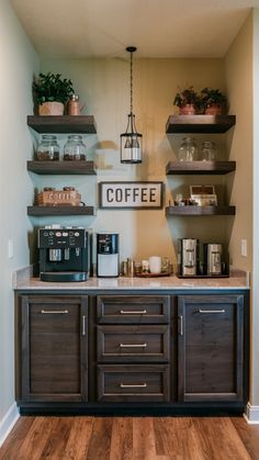 a coffee bar with lots of shelves above it