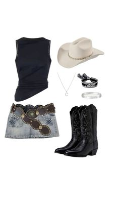 a woman's outfit with cowboy boots and hat