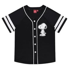 Elevate your style with this black baseball jersey designed for ladies, featuring the beloved Snoopy from Peanuts for women. This button-down mesh shirt combines comfort and iconic design. Perfect for Peanuts fans, it's a versatile addition to your wardrobe. Whether you're hanging out with friends or going about your day, this jersey allows you to showcase your Snoopy love with a touch of timeless fashion, charm and sporty looking fan. Size: XL. Snoopy Vinyl Shirts, Snoopy Outfit, Snoopy Clothes, Snoopy Baseball, Snoopy Merchandise, Charlie Brown Woodstock, Snoopy Shirt, Snoopy T Shirt, Snoopy Love