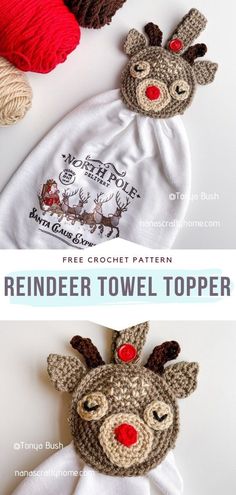 Crochet Reindeer Towel Topper Crochet Reindeer Pattern, Crochet Towel Tops, Reindeer Crochet, Crochet Reindeer, Crochet Christmas Trees Pattern, Crochet Towel Topper, Crochet Kitchen Towels, Reindeer Pattern