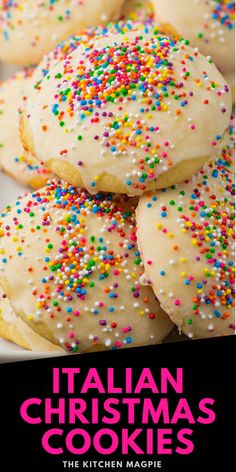 italian christmas cookies with sprinkles on a white plate and pink text overlay