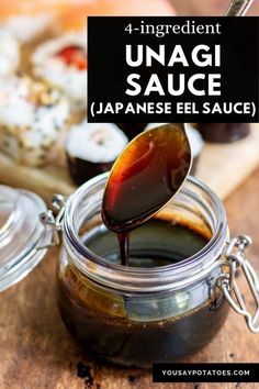 Jar of unagi sauce with a spoon coming out. Grilled Fish Sandwich, Eel Sauce Recipe, Eel Recipes, Grilled Eel, Eel Sauce, Unagi Sauce