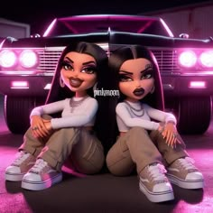 two dolls sitting next to each other in front of a pink car with the lights on