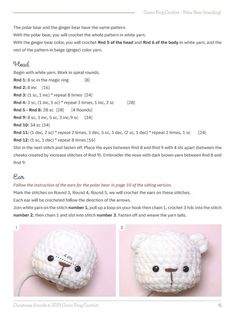 the instructions for crocheted white teddy bear with black eyes and nose on it's head