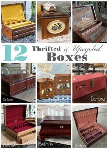 twelve thrifted and unopened boxes are shown in this collage with the words, 12 thrifted and unpacked boxes before