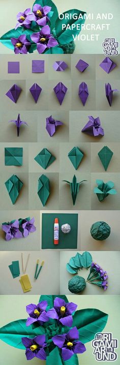 origami and violet paper flowers