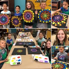 several pictures of children holding up their art projects