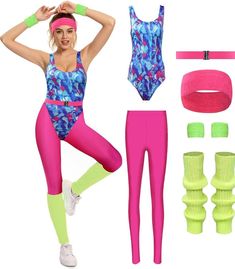 a woman in pink and blue sports wear with neon green knee socks, headbands and leggings