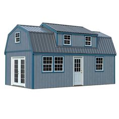 a blue house with two windows and a metal roof