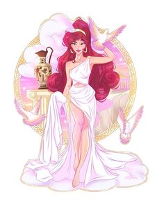 a drawing of a woman in a white dress with long red hair standing next to a vase