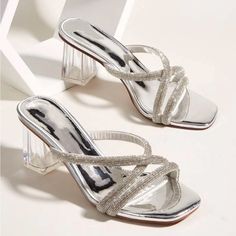 Rhinestone Fashionable Silver Mules Open Toe Plain Chunky Mid Heel (6.7cm / 2.6inch) Plastic Canvas Elegant Shoes Heels, Fancy Sandals, Fancy Heels, Pretty Sandals, Heeled Mule, Fashion Shoes Heels, Cute Shoes Heels, Glamorous Party, Party Heels