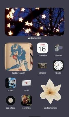 an iphone screen with various pictures and icons on the back side, including a star - patterned background