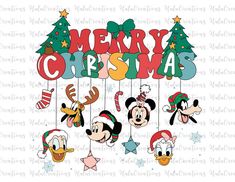 mickey mouse christmas clipart with santa claus and other characters hanging from the ceiling in front of them