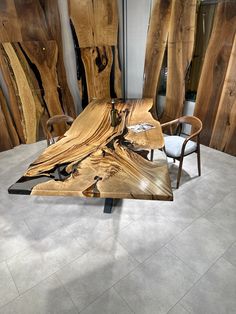 a table made out of wood with chairs around it