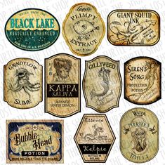 some old fashioned labels for various types of soaps and lotion bottles, with an octopus in the middle