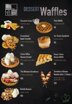 a menu with different types of waffles on it