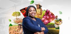 a woman standing with her arms crossed in front of an image of vegetables and people