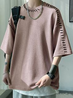 Violet Purple Casual Collar Half Sleeve Fabric Plain  Embellished Slight Stretch  Men Clothing Enby Style, Girls Tunic Dress, Loose Black Dress, Sewing Men, Mens Half Sleeve, Baggy Shirt, Summer Knit Tops, Oversized Tee Shirt, Korean Fashion Summer