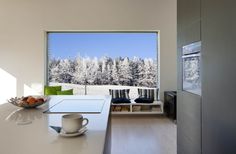 a bowl of fruit sitting on top of a kitchen counter next to a large window