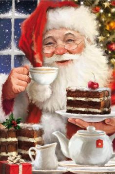 a painting of santa claus holding a piece of cake with a cup of coffee in front of him