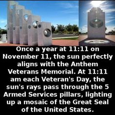 there is a memorial in the middle of three different pictures with words on it that read, once a year at 11 11 on november 11, the sun perfectly aligns