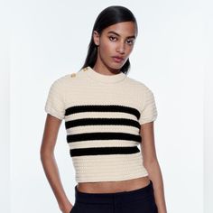 Round Neck Short Sleeve Sweater. Gold Button Detail At Shoulders. Color: Striped | 6427/009 New With Tags Cream Knit Top With Button Closure, Cream Knit Tops With Buttons, Zara Striped Knit Tops, Zara Textured Knit Cream Top, Zara Cream Textured Knit Top, Metallic Knit Dress, Striped Knit Sweater, Textured Knit Sweater, Wool Mini Skirt