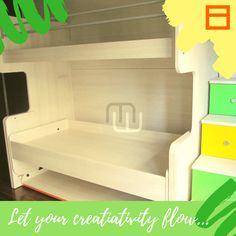 a white bunk bed sitting in a bedroom next to a green and yellow wall with the words let your creativity flow below it