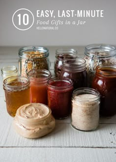 jars filled with different types of food and the words 10 easy, last - minute food gifts in a jar