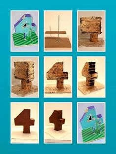 the four blocks are made out of wood and have numbers on each one, as well as two houses