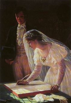 a painting of a bride and groom signing the register