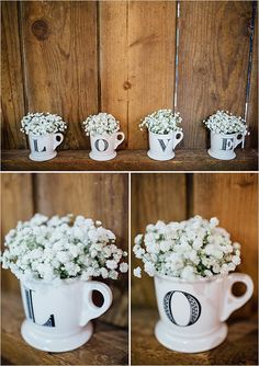 three pictures of coffee cups with flowers in them and the words love written on them