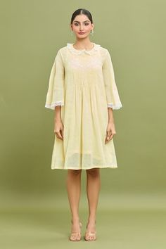 Yellow dress with thread embroidery and lace embellished scallop border. Paired with slip. - Aza Fashions Cotton Embroidered Dress With Lace Trim, Fitted Embroidered Dress With Lace Work, Elegant Cotton Dresses With Yoke, Pintuck Dress, Scallop Border, Thread Embroidery, Pan Collar, Pin Tucks, Peter Pan Collar